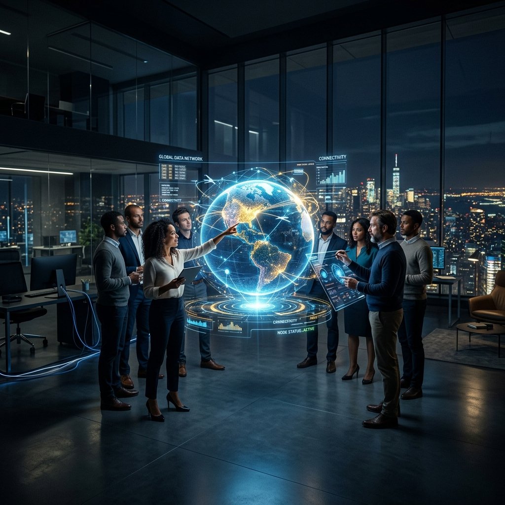 Equipo tecnológico interactuando con holograma global